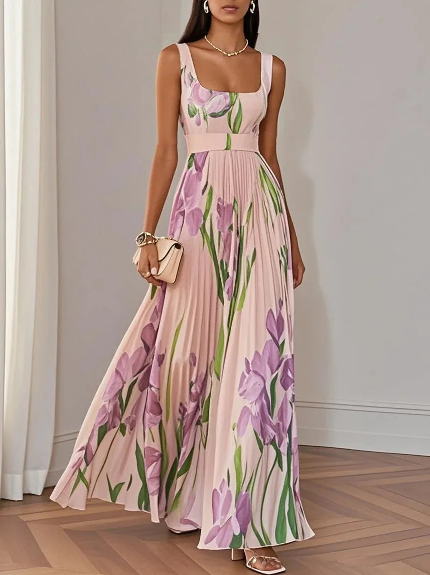 Sofia – Pleated Floral Square-Neck Maxi Dress