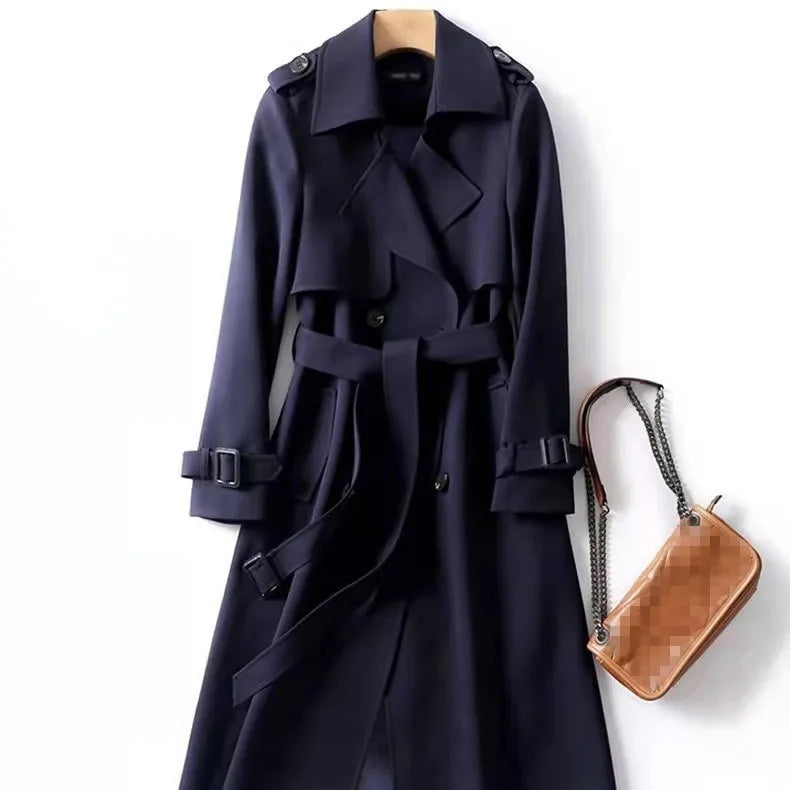 Women's Trench Coat 2024 Autumn Korean Long Jacket with Belt Solid Double-breasted British Style Khaki Coat For Women Red Blue