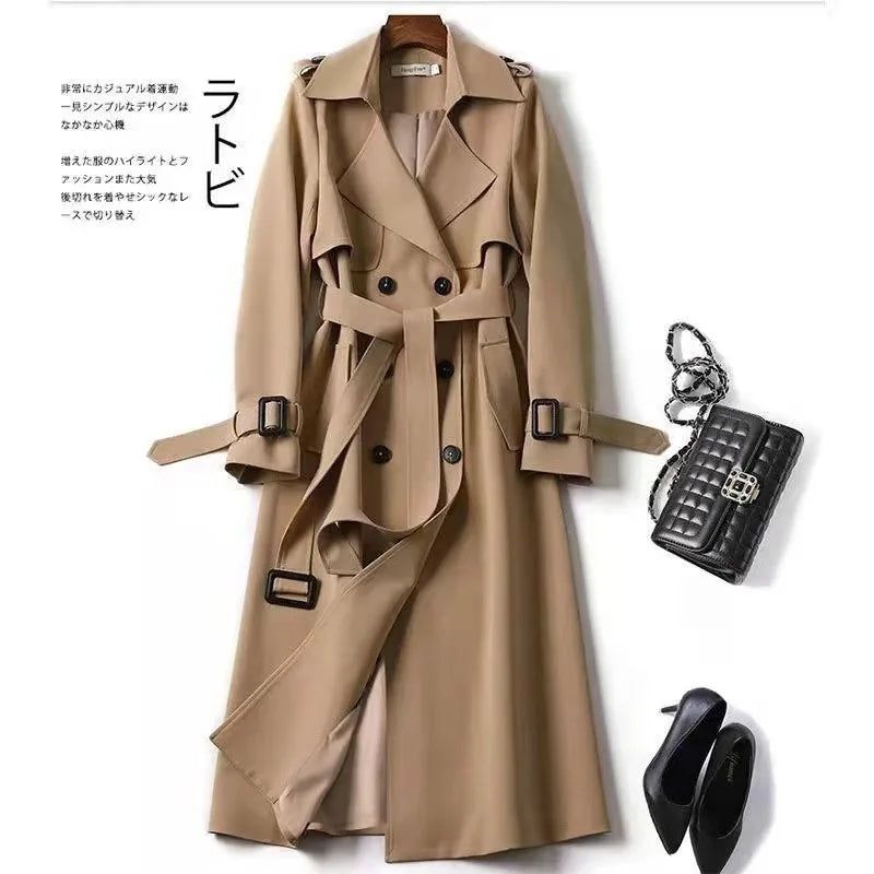 Women's Trench Coat 2024 Autumn Korean Long Jacket with Belt Solid Double-breasted British Style Khaki Coat For Women Red Blue