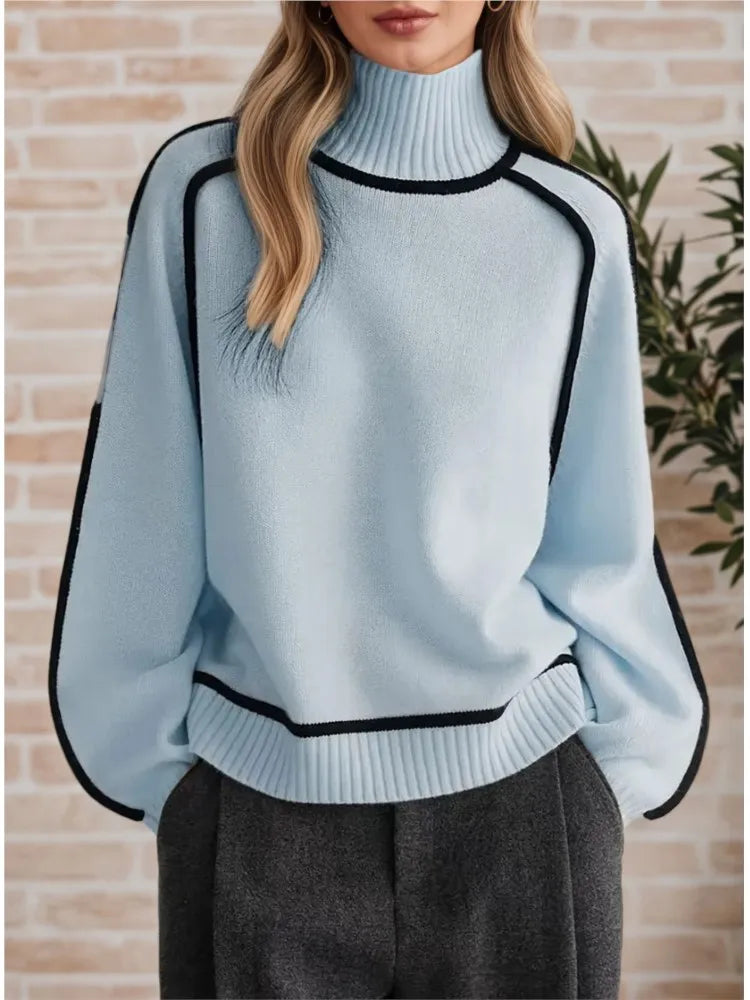 Autumn Winter Half-high Collar Three-dimensional Striped Slimming Casual Loose Pullover Sweater Top Women's Lazy Style Sweater