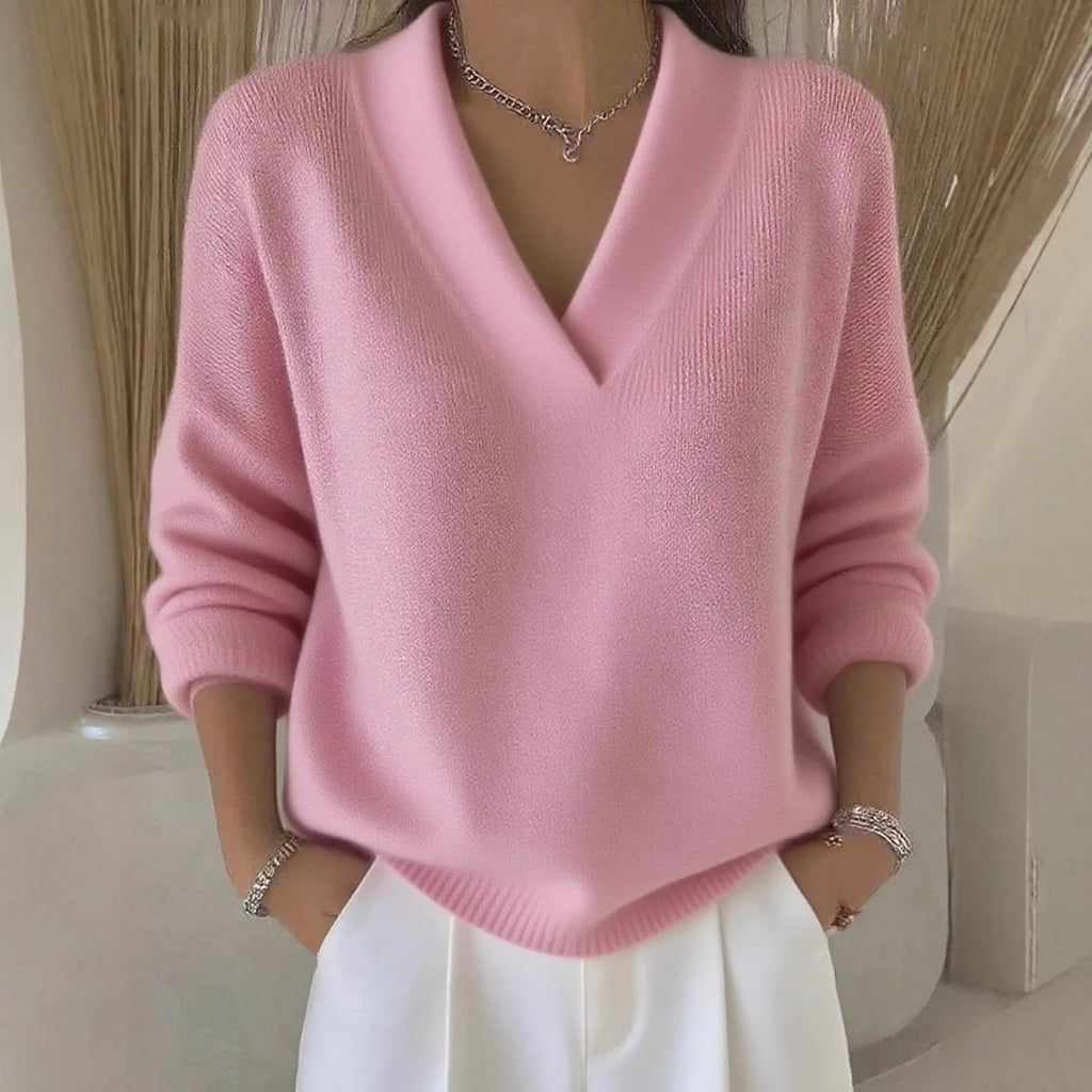 New Women V Neck Knit Sweater Long Sleeve Ribbed Cuff Loose Fit Solid Color Soft Warm Pullover Elegant Fall Winter Casual Jumper