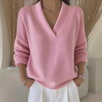 New Women V Neck Knit Sweater Long Sleeve Ribbed Cuff Loose Fit Solid Color Soft Warm Pullover Elegant Fall Winter Casual Jumper