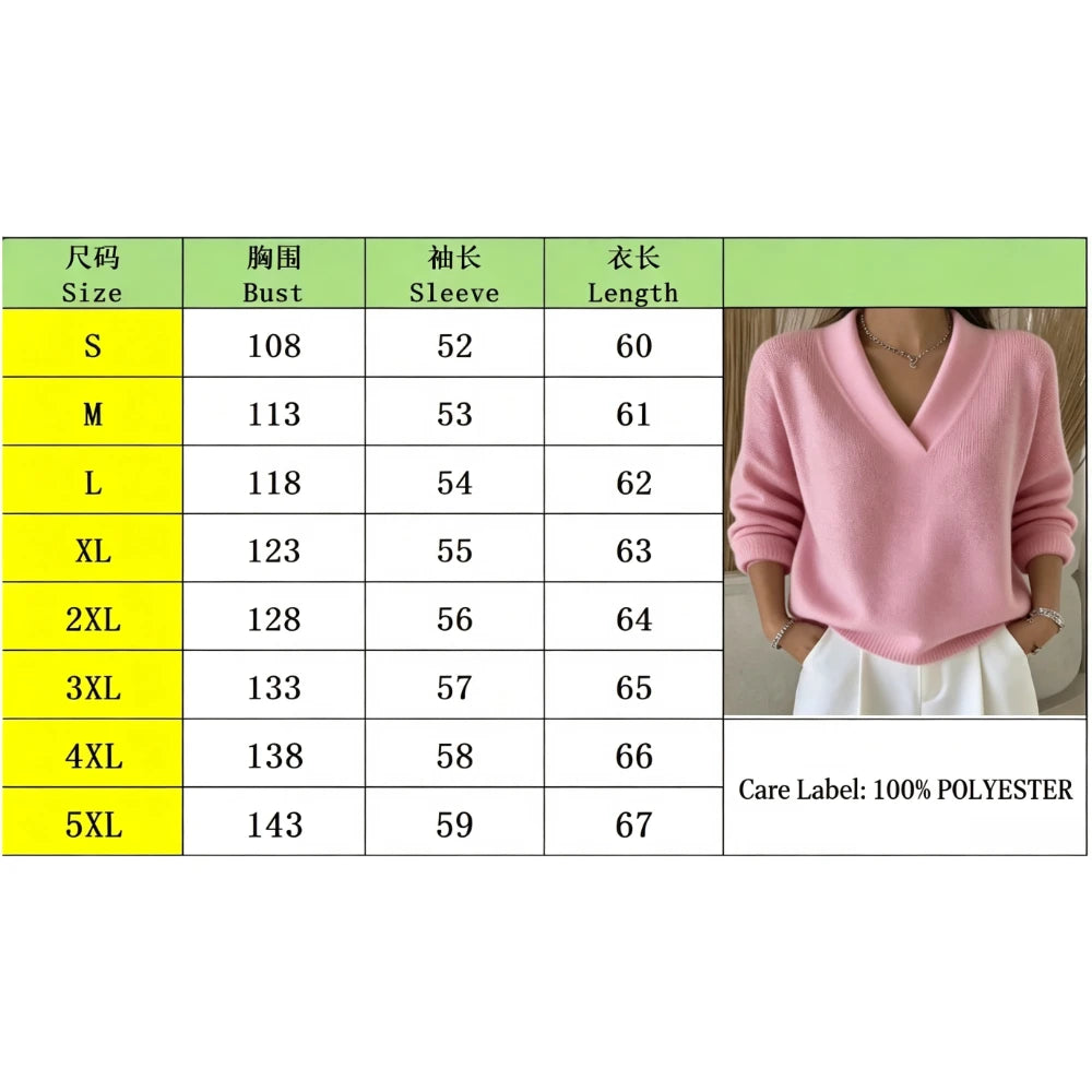 New Women V Neck Knit Sweater Long Sleeve Ribbed Cuff Loose Fit Solid Color Soft Warm Pullover Elegant Fall Winter Casual Jumper