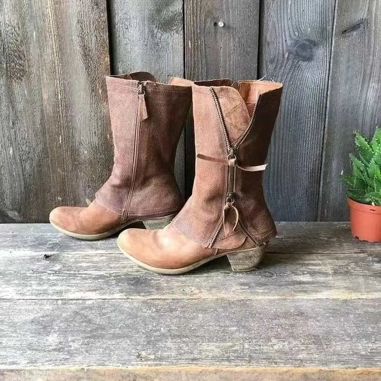 Sofia – Brown Pleated Suede Knee-High Boots