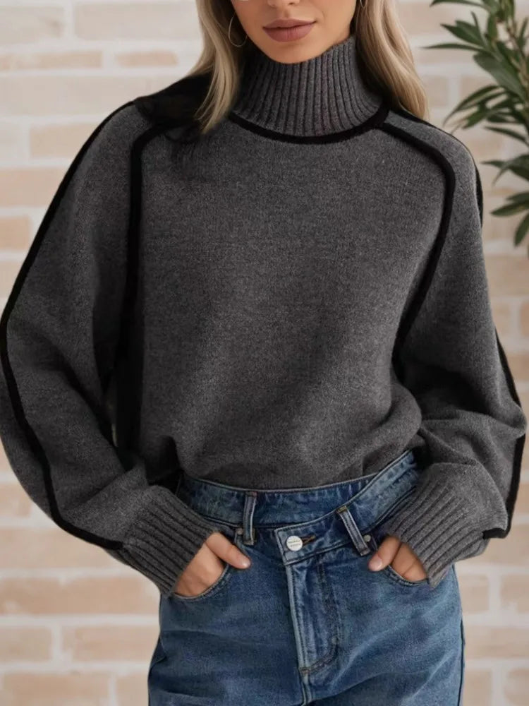 Autumn Winter Half-high Collar Three-dimensional Striped Slimming Casual Loose Pullover Sweater Top Women's Lazy Style Sweater