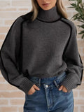 Autumn Winter Half-high Collar Three-dimensional Striped Slimming Casual Loose Pullover Sweater Top Women's Lazy Style Sweater
