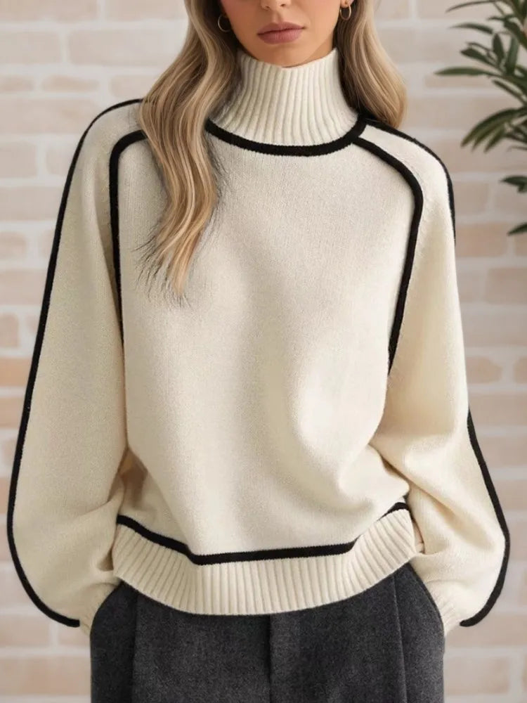 Autumn Winter Half-high Collar Three-dimensional Striped Slimming Casual Loose Pullover Sweater Top Women's Lazy Style Sweater